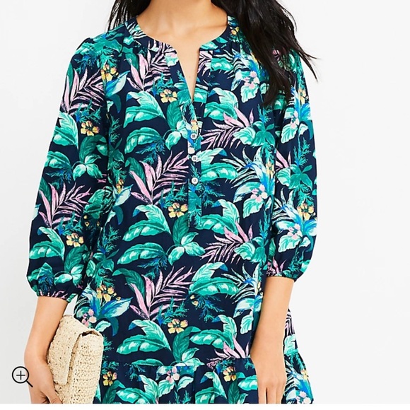 LOFT PALMS HENLEY SHIRT DRESS. TROPICAL PRINT. BELTED WAIST, FLOUNCY HEM. GUC - Picture 13 of 14
